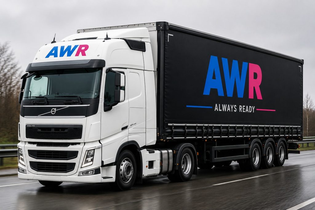 Tráiler AWR: Primer plano de un camión de carga con lona negra y logo.