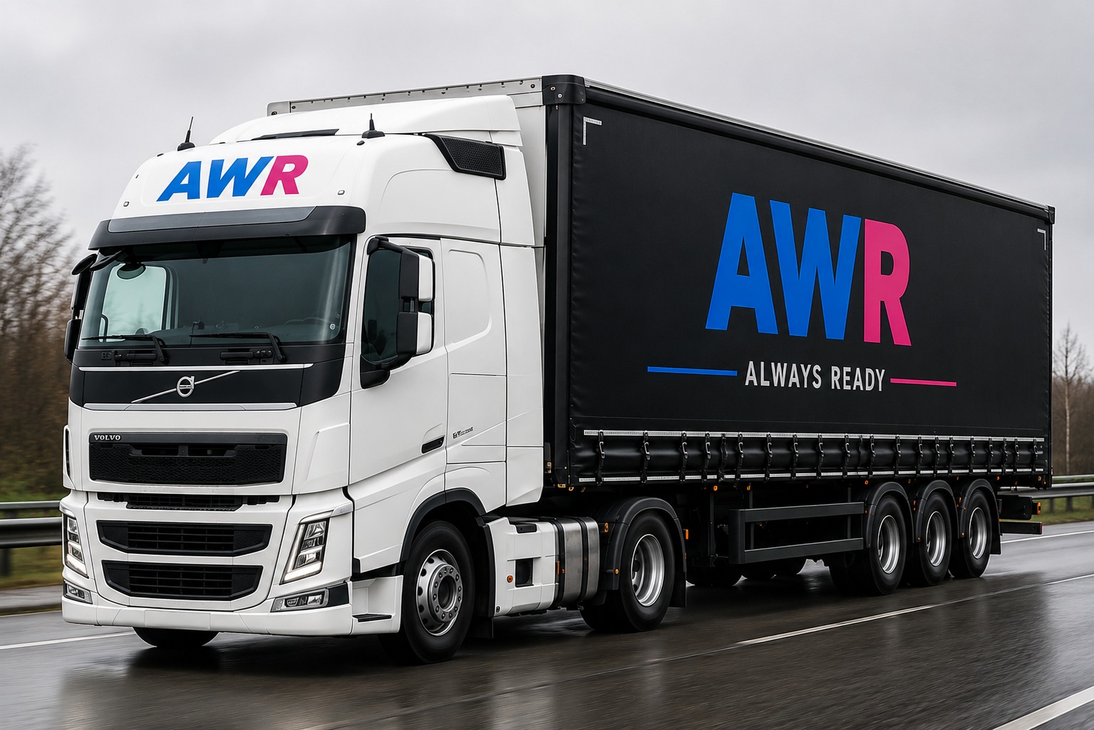 Tráiler AWR: Primer plano de un camión de carga con lona negra y logo.