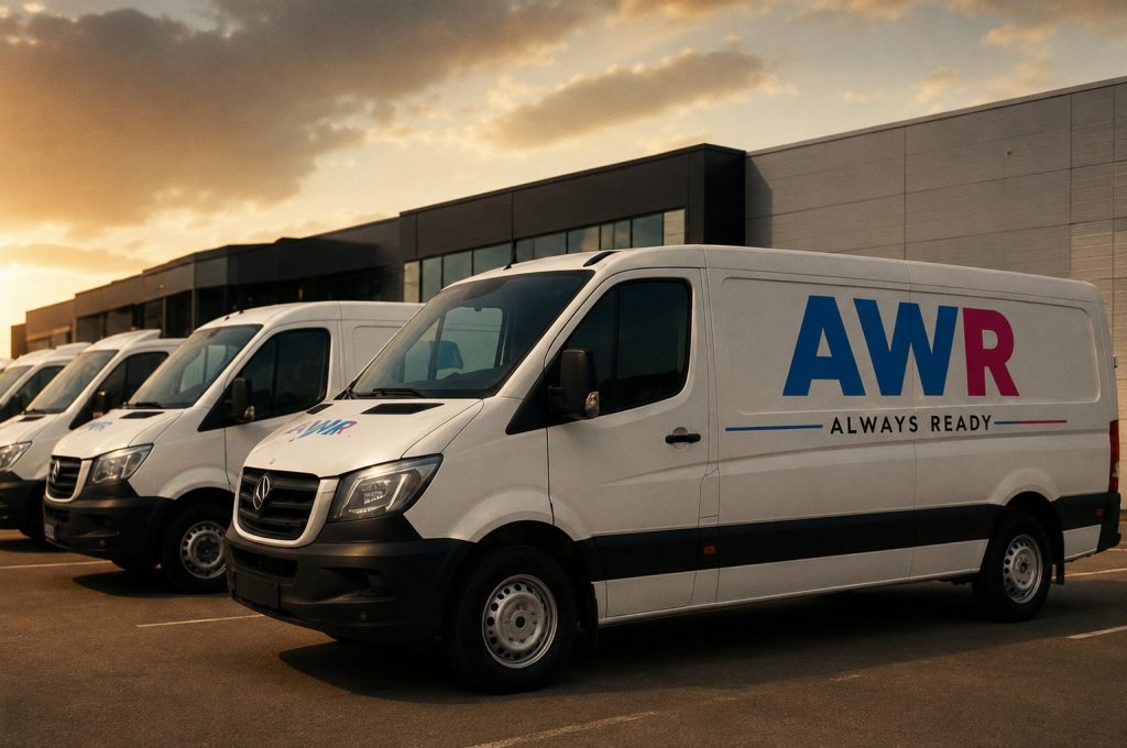Furgoneta blanca: Una camioneta de reparto con el logo de AWR estacionada.