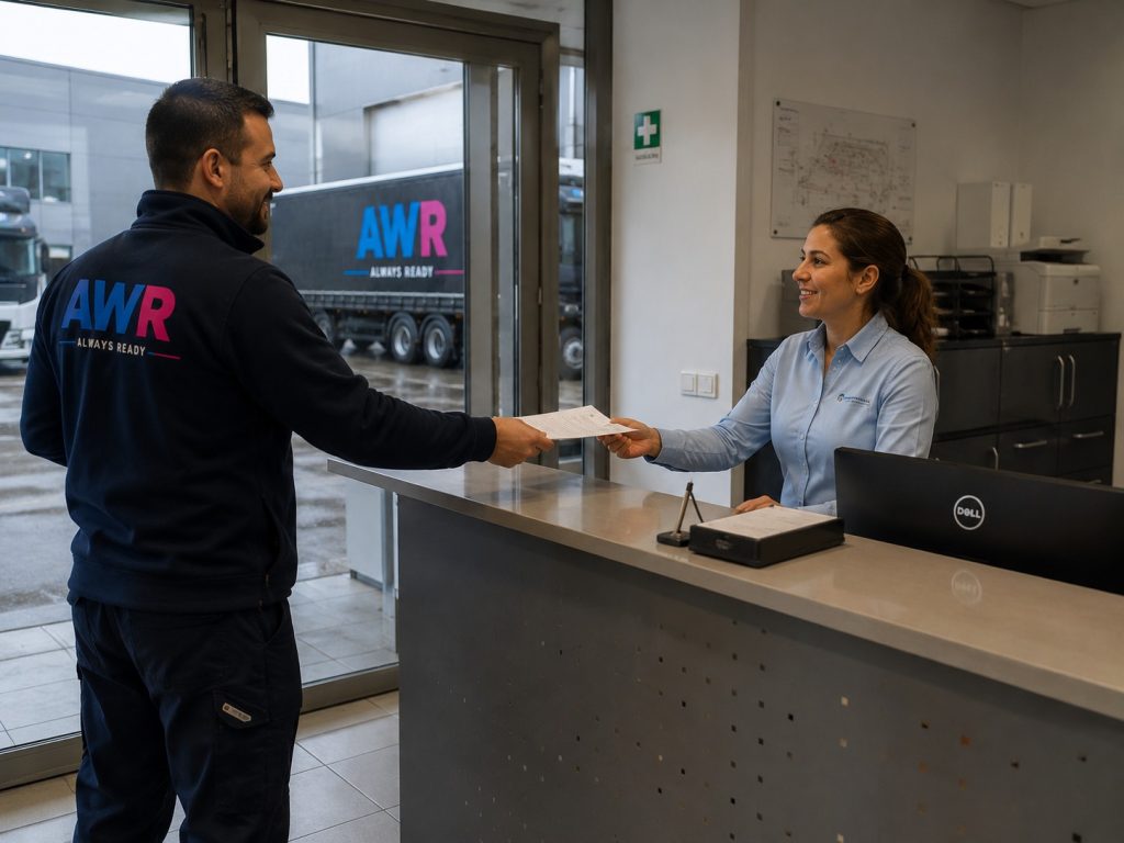 Recepción: Un empleado entregando documentos a una mujer en un mostrador.